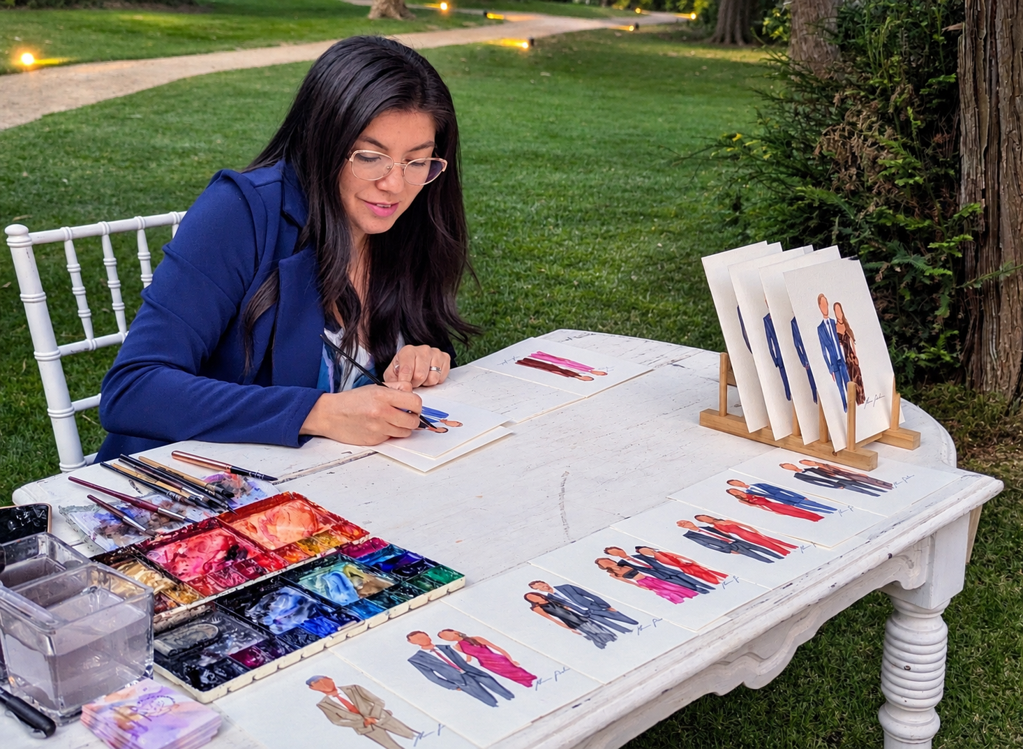 Mimí Palacios pintando retratos en acuarela durante un evento